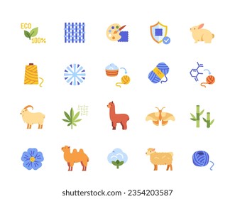 Eco fabric material icons set. Stickers with clothes and natural textiles made of bamboo and silk, linen and leather, cashmere and mohair, camel wool. Cartoon flat vector isolated on white background