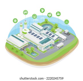 eco factory concept ecology for industry with solar cell energy and wastewater treatment on green isolate isomatric vector