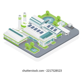 Eco Factory In Ecology For Industry With Solar Cell Energy And Wastewater Treatment And Hydrogen Power Station And Ev Car Park On Green Isolate Isomatric Vector