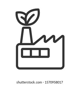 Eco factory line vector icon isolated on white background. Industrial factory with leaves outline stock icon for web and ui design. Eco friendly alternative energy concept.