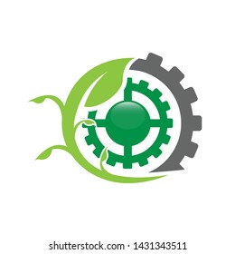 Eco factory logo leaf with cog gear ecology design vector