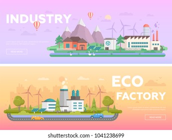 Eco factory - set of modern flat design style vector illustrations on orange and lilac background with place for your text. Compositions with windmills, mountains, solar panels, farm animals, pond