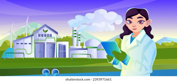 Eco factory with windmill, solar panel electricity production. Female engineer holding tablet. Environment protection, clean ecology, renewable resource concept. Scenic landscape. Vector illustration