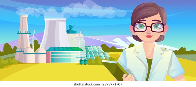 Eco factory with windmill, solar panel electricity production. Female engineer hold notebook. Environment protection, clean ecology, renewable resource concept. Scenic landscape. Vector illustration