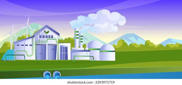 Eco factory with windmill, solar panel electricity production. Environment protection, clean ecology, renewable resource concept. Cartoon design. Scenic landscape. Vector illustration