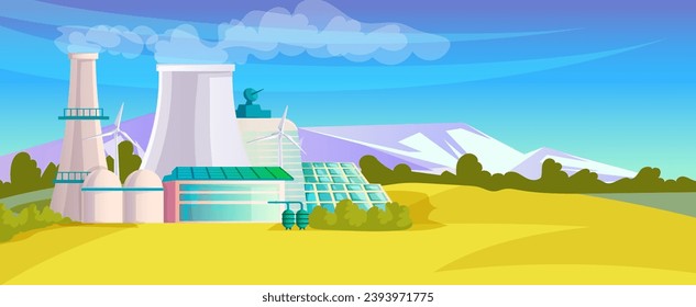 Eco factory with windmill, solar panel electricity production. Environment protection, clean ecology, renewable resource concept. Cartoon design. Scenic landscape. Vector illustration