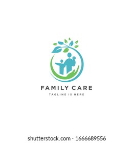 eco family care - business logo template vector illustration. caring hand, people, tree leaves circle shape elements.