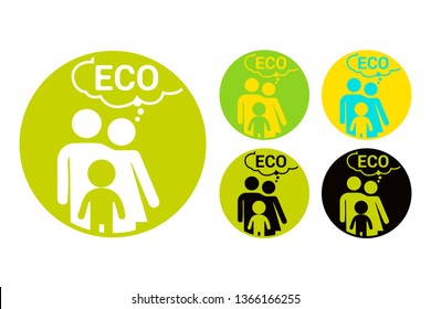 Eco family colorful vector sticker. Organic label set in green, black, yellow colors. Badge for bio products. Natural product lover badge. Round shape sticker pack for web and print branding identity
