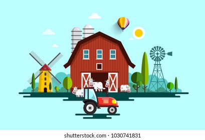 Eco Farm with Barn, Tractor, Windmills and Cows