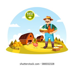 Eco farm with farmer holding eggs and hen near field with barns and hay. Cartoon man or person with organic or natural food near fence or spade, agrarian worker profession. Village, countryside theme