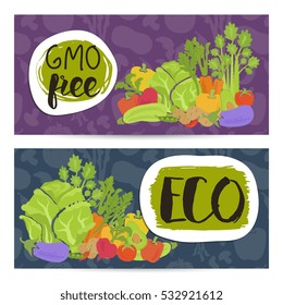 Eco farm food horizontal flyers set vector illustration. Colorful vegetables background. Natural cabbage, tomato, radish, peppers, potatoes, carrots. Organic farming, traditional food, locally grown.
