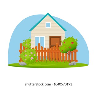 Eco farm, a garden house with a plot of land and plantations in the form of trees. Countryside, fruit trees, landscape, views, gardening and farming. Country real estate, cottage, private house. 