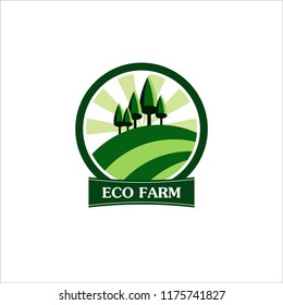 Eco Farm with pine trees, concept logo, template with farm landscape, label for natural farm products