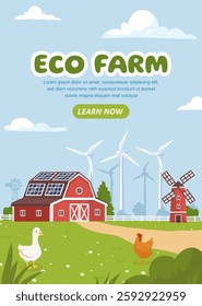 Eco farm poster. Chickens near barns and windmills. Farming and agriculture, rural village. Cattle on farm near greenhouse. Booklet, flyer and leaflet. Flat vector illustration