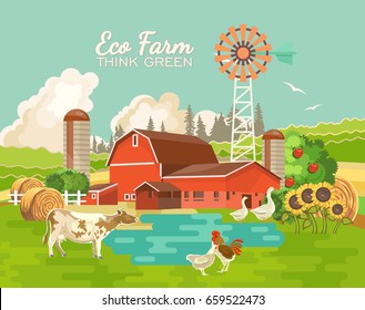 Eco farm poster vector illustration. Colorful countryside banner in vintage style. Organic food. Farm landscape with retro objects. 