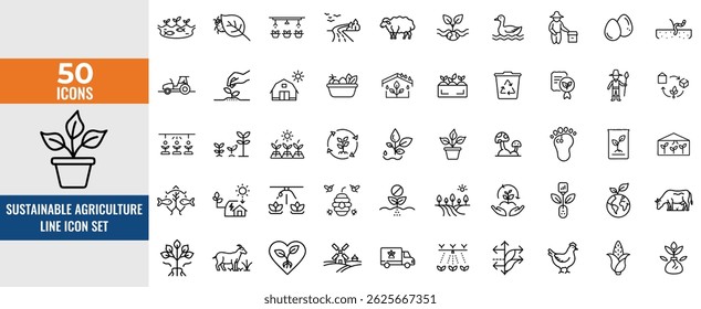Eco Farm and Sustainable Agriculture Line Icon Set – Thin Linear Vector Symbols of Organic Farming, Renewable Energy, Irrigation, Recycling, Solar Panels, Wind Turbines and Livestock