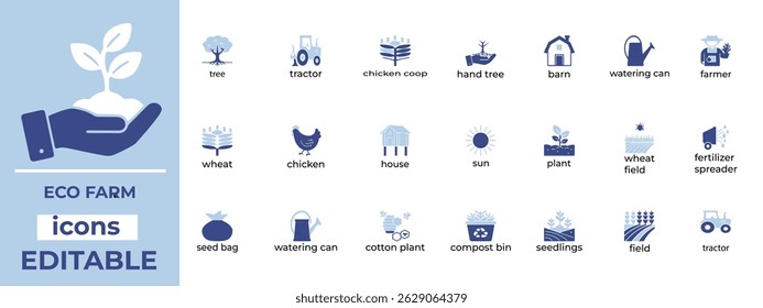Eco Farm vector icon set editable, clean line art for agriculture, organic farming, and eco-friendly design projects.