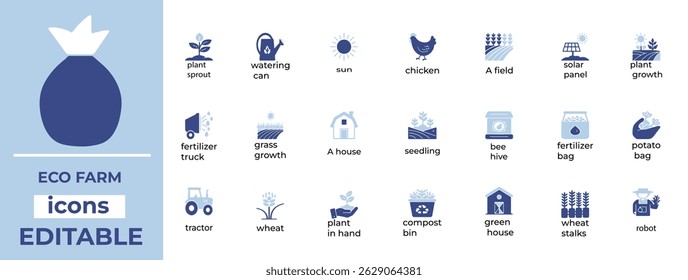 Eco Farm vector icon set editable, clean line art for agriculture, organic farming, and eco-friendly design projects.