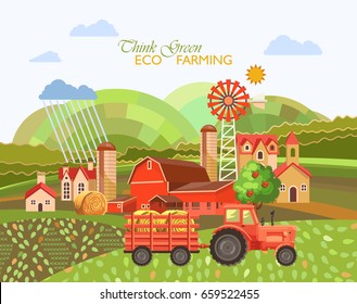 Eco farm vector illustration. Farmland poster. Colorful countryside banner in vintage style. Organic food. Farm landscape with retro objects. 