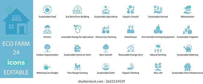 Conjunto de Vectores ECO FARM: íconos de granjas orgánicas, agricultura sostenible, cosecha ecológica, agricultura verde, energía renovable, naturaleza.