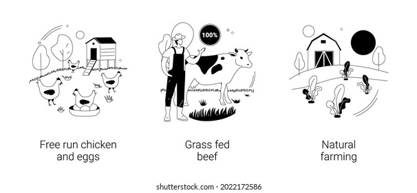 Eco farming abstract concept vector illustration set. Free run chicken and eggs, grass fed beef, natural farming, agro-industry, rich nutrient diet, organic food, agriculture abstract metaphor.