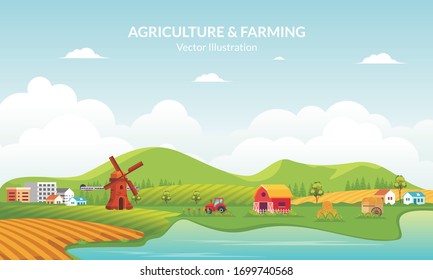 Eco Farming and agriculture concept. with Rural and cityscape landscape with lake. such us barn, house, modern building and a train crossing hill.