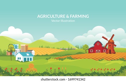 Eco Farming and agriculture concept. with Rural and cityscape landscape. such us barn, house, modern building and a train that goes through the mountains.