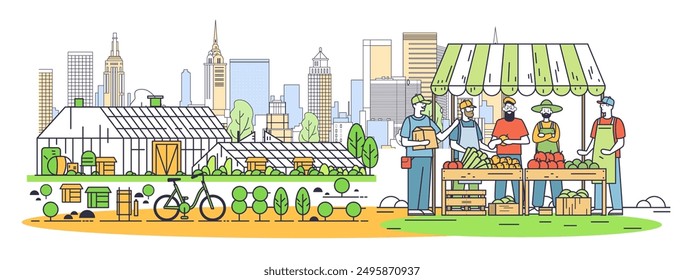 Eco farming city market sustainable agriculture scene with greenhouse urban background farmers selling vegetables under canopy minimalistic style
