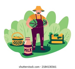 Eco Farming Composition With Flat Farmer Standing With Domestic Products In Garden Vector Illustration