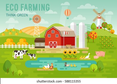 Eco Farming concept with house and farm animals. Vector illustration.