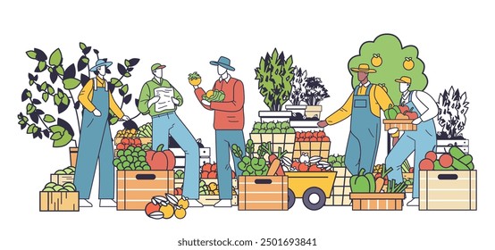 Eco farming concept sustainable agriculture farmers harvesting vegetables and fruits in a garden with trees crates and baskets of produce minimalistic style