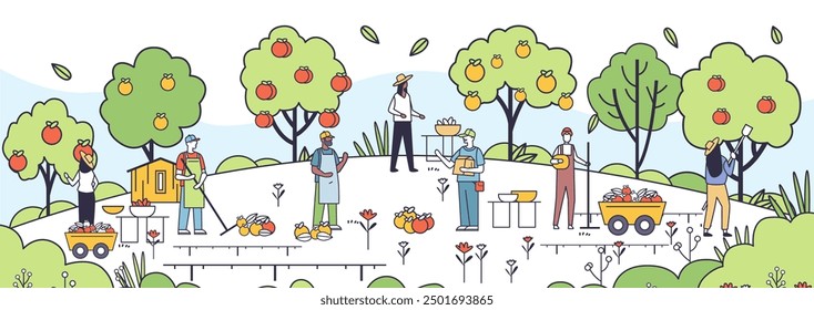 Eco farming concept sustainable agriculture orchard harvesting fruits people working garden trees nature line art