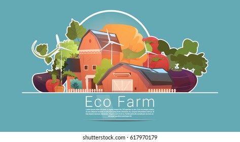 Eco Farming, Farm House, Farmland With Wind Turbine Renewable Energy Station Flat Vector Illustration