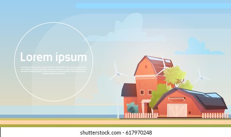 Eco Farming, Farm House, Farmland Countryside Landscape With Wind Turbine Renewable Energy Station Flat Vector Illustration