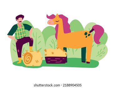 Eco farming flat composition with male farmer and horse vector illustration