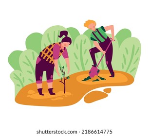 Eco farming flat composition with two people planting trees in spring vector illustration