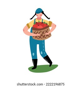 Eco farming flat icon with woman holding basket of ripe red apples vector illustration