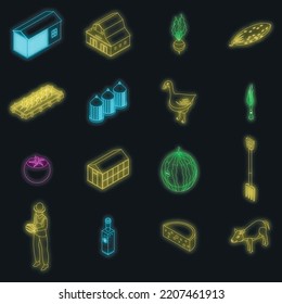 Eco Farming Icons Set. Isometric Set Of Eco Farming Vector Icons Neon Color On Black