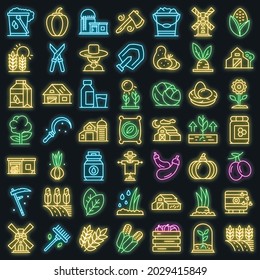 Eco farming icons set. Outline set of eco farming vector icons neon color on black