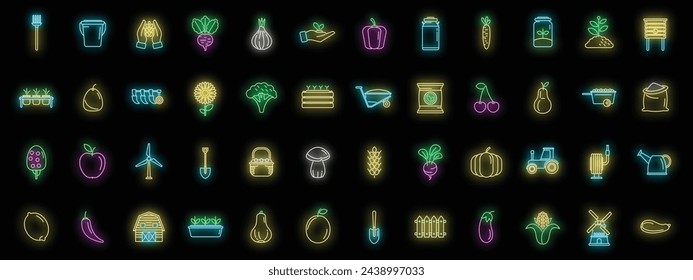 Eco farming icons set outline vector. Agriculture farmer. Local produce neon color isolated