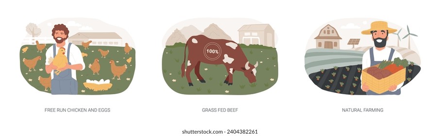 Eco farming isolated concept vector illustration set. Free run chicken and eggs, grass fed beef, natural farming, agro-industry, rich nutrient diet, organic food, agriculture vector concept.