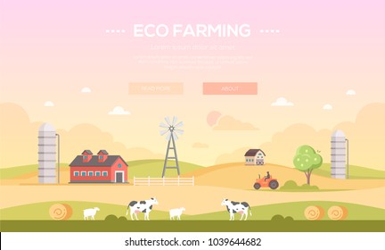 Eco farming - modern flat design style vector illustration on orange background with place for your text. A countryside landscape with a field, barn, windmill, tractor, haystack, silage tower, animals