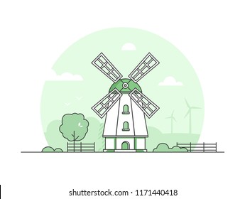 Eco farming - modern thin line design style vector illustration on white background. Green colored high quality landscape with a mill, tree, bushes, fence, windmills. Country life concept