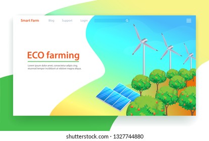 Eco Farming Technology. Natural Food Products. Solar Panel and Windmill Energy to Grow Ecology Apple Tree Garden in Countryside. Isometric Landing Page Illustration. Natural Healthy Products Growing.