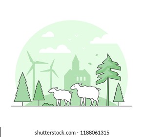 Eco farming - thin line design style vector illustration. Green colored high quality composition with sheep, tree, wind power generators, silhouette of church on the background. Country landscape