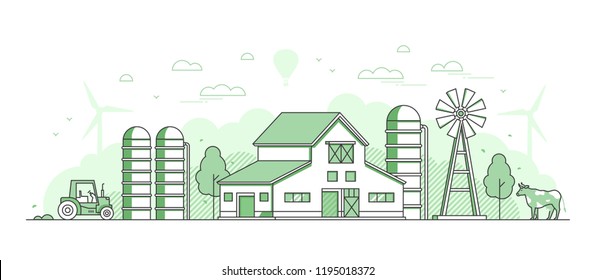 Eco farming - thin line design style vector illustration on white background. Green colored composition with windmill, barn, cow, tractor, silage towers, silhouettes of hills, wind power generators