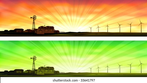 Eco farming - two banners showing small ecological farms that use wind energy instead of electricity (other landscapes are in my gallery)