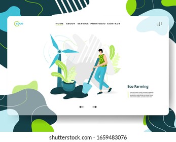 Eco Farming's landing page, the concept of a man carrying a shovel for farming, can be used for ux, ui, banners, templates, backgrounds, web and mobile app development.