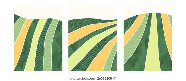 Projeto vetor agrícola Eco com uva de vinha, padrão de milho plano, campo rural verde, ilustração abstrata, fundo da natureza, layout da colagem, cartaz de vinho, arte de chá agro, cobertura de visualização de textura