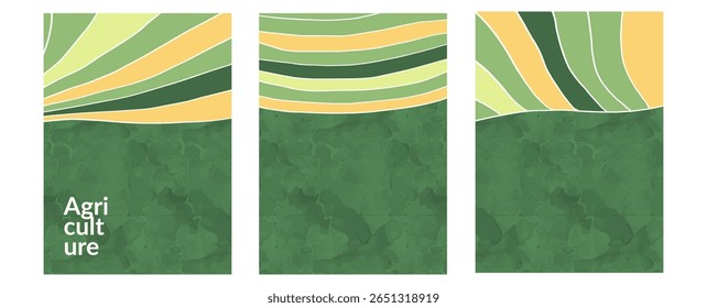 Vinho de terra agrícola Eco com colagem rural, plano de fundo abstrato, ilustração de chá de uva, layout de padrão, textura verde, vista de campo, design de agro, milho cartaz, vetor plano, arte da natureza rural